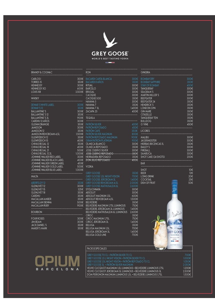 opium barcelona bottle menu