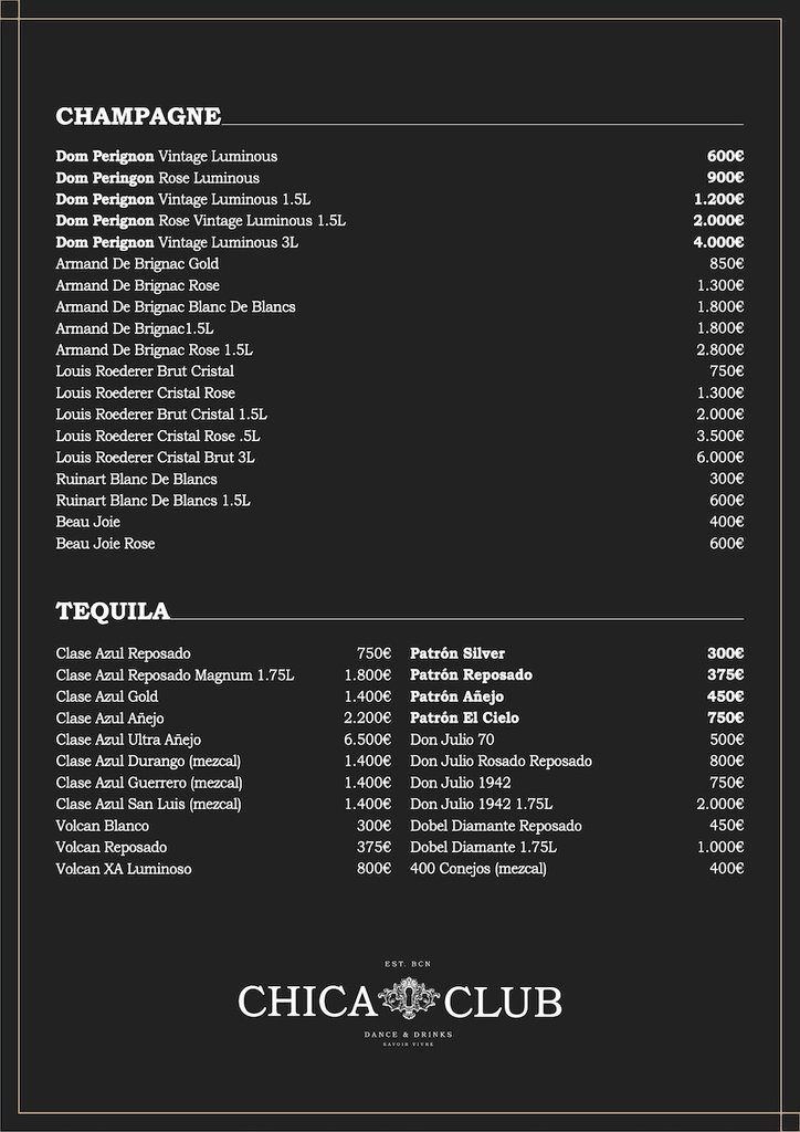 chica barcelona bottle menu