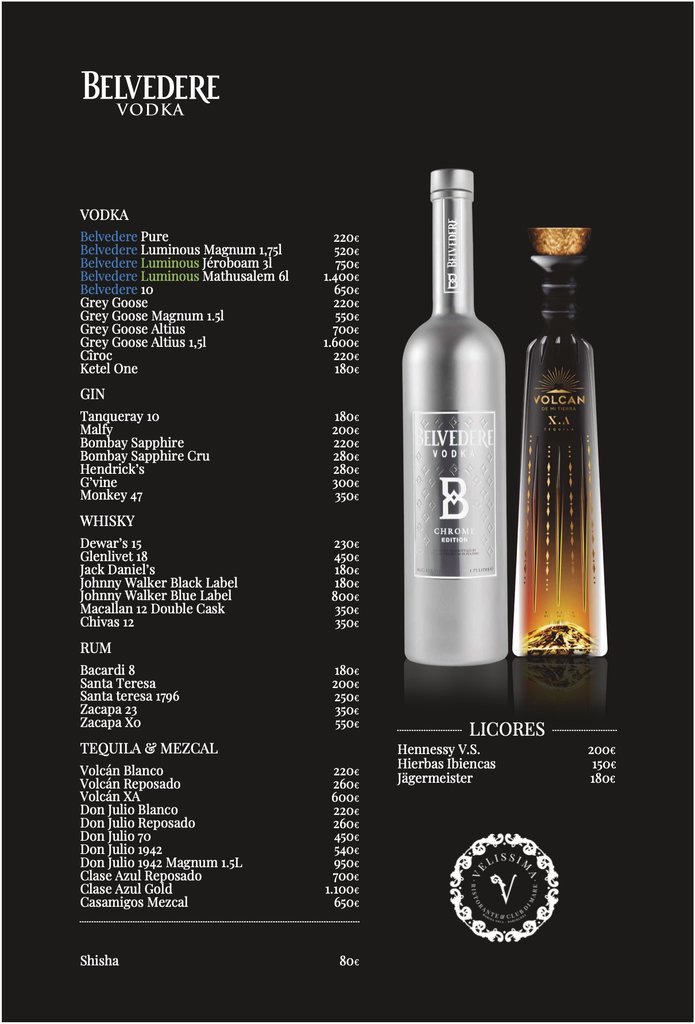 velissima bottle menu