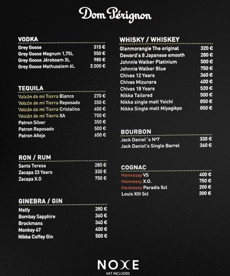 noxe bottle menu
