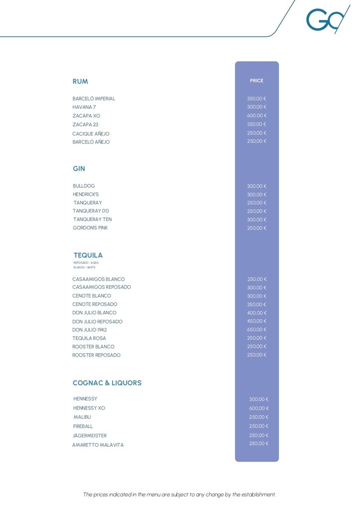 sea sea club bottle menu