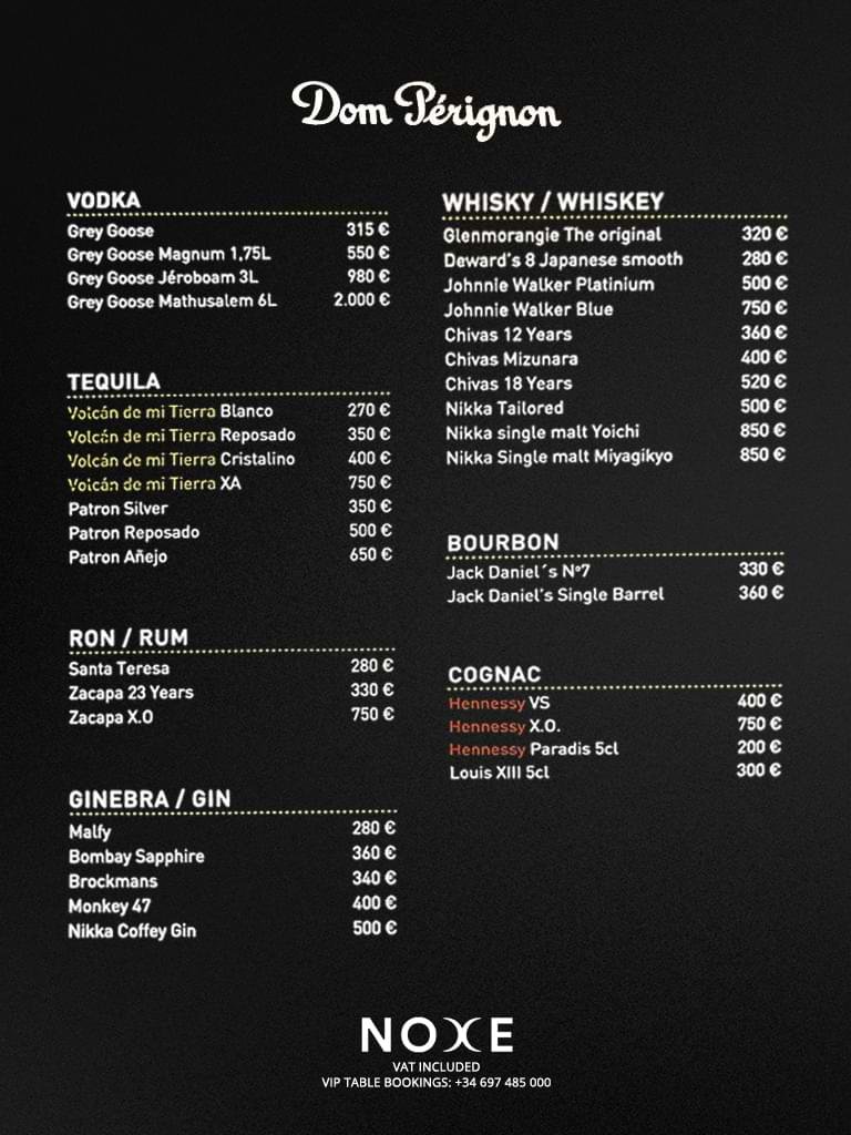 noxe hotel w bottle menu